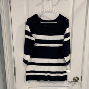 Navy and White Striped Women's Crew Neck Sweater